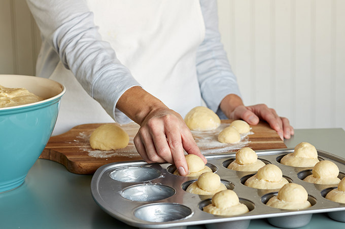 Placing brioche dough in pan