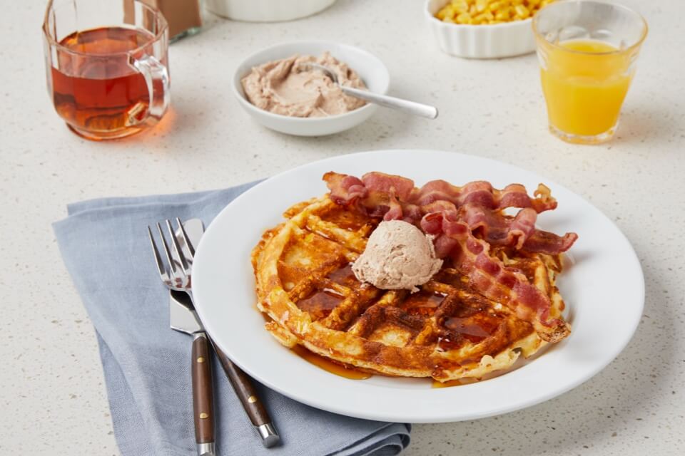 Sweet Corn Waffles with Bacon and Cinnamon Maple Whipped Butter