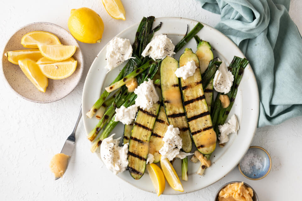 Grilled Green Onions and Zucchini with Burrata