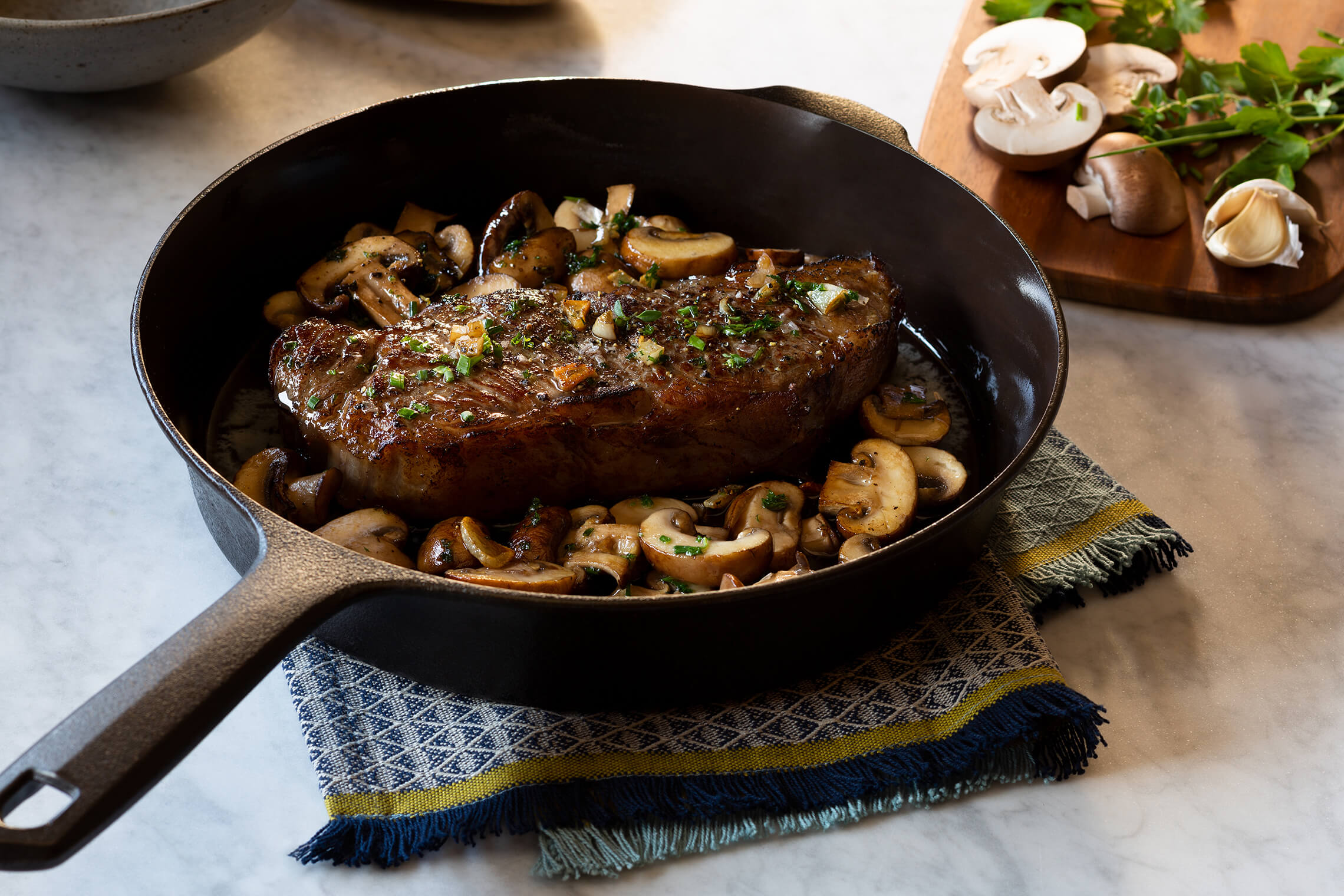 Pan Seared Steak with Garlic Herb Butter and Mushrooms