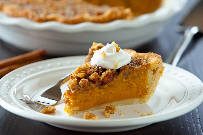 Pumpkin Pie with Ginger Walnut Streusel Topping