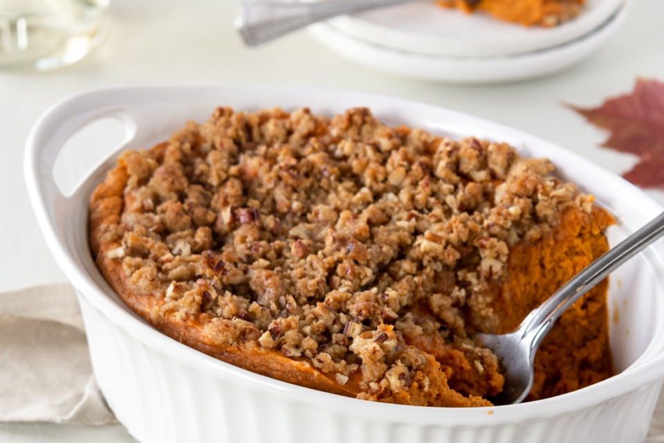 Sweet Potato Soufflé with Butter Pecan Topping