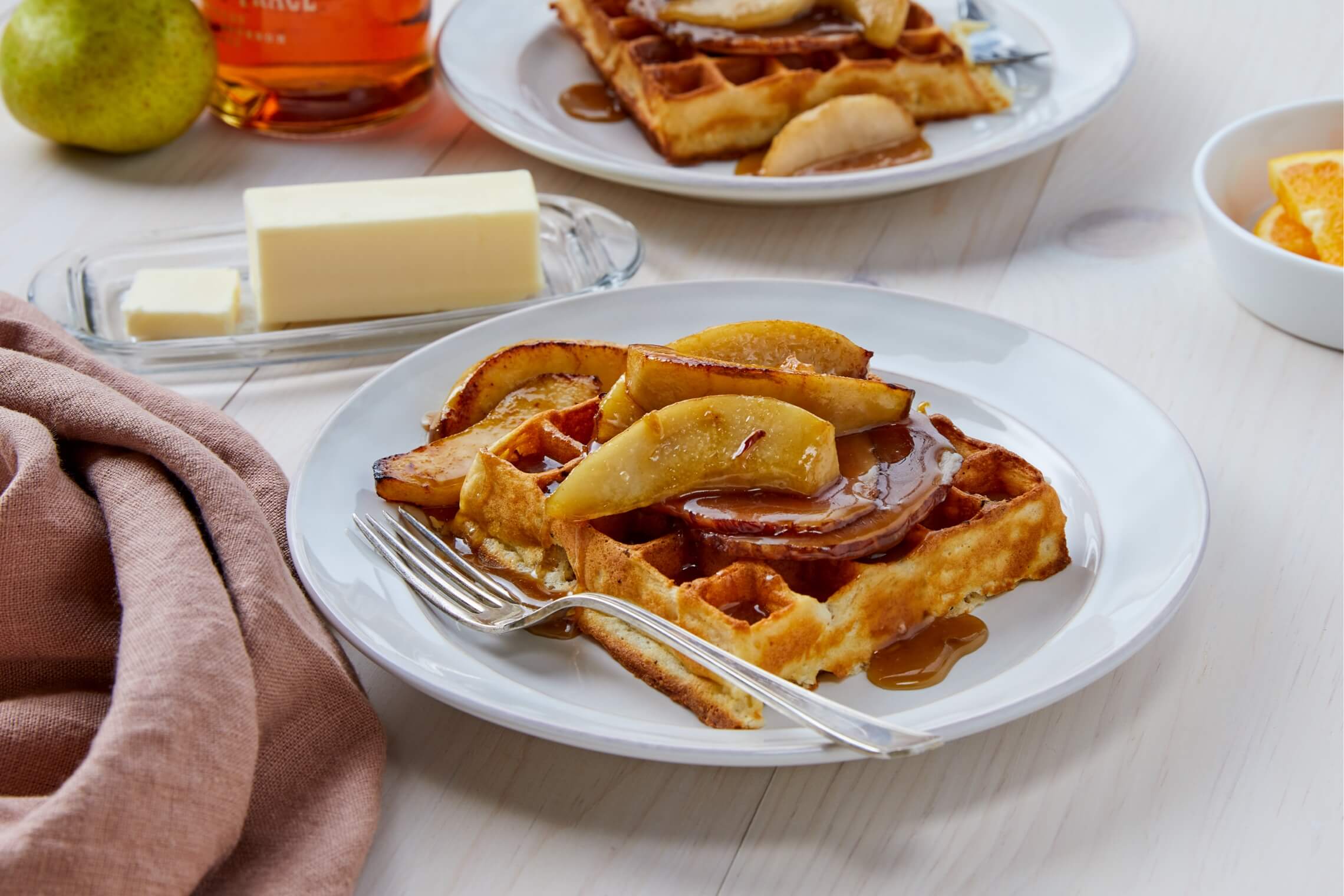Waffles with Bourbon-Glazed Ham and Pears