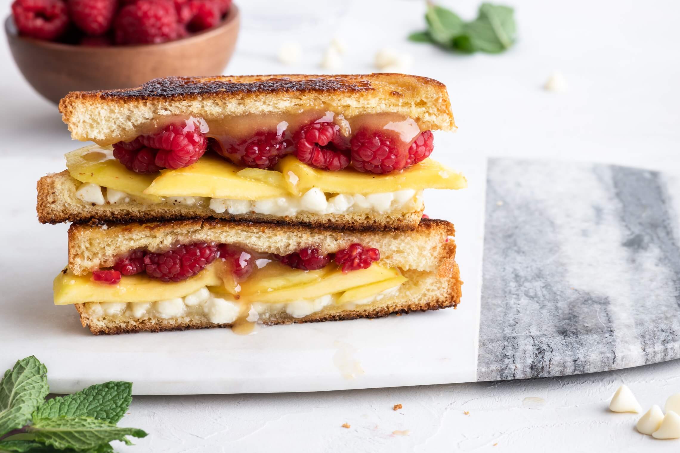 White Chocolate Caramel Grilled Cheese with Raspberries and Mango