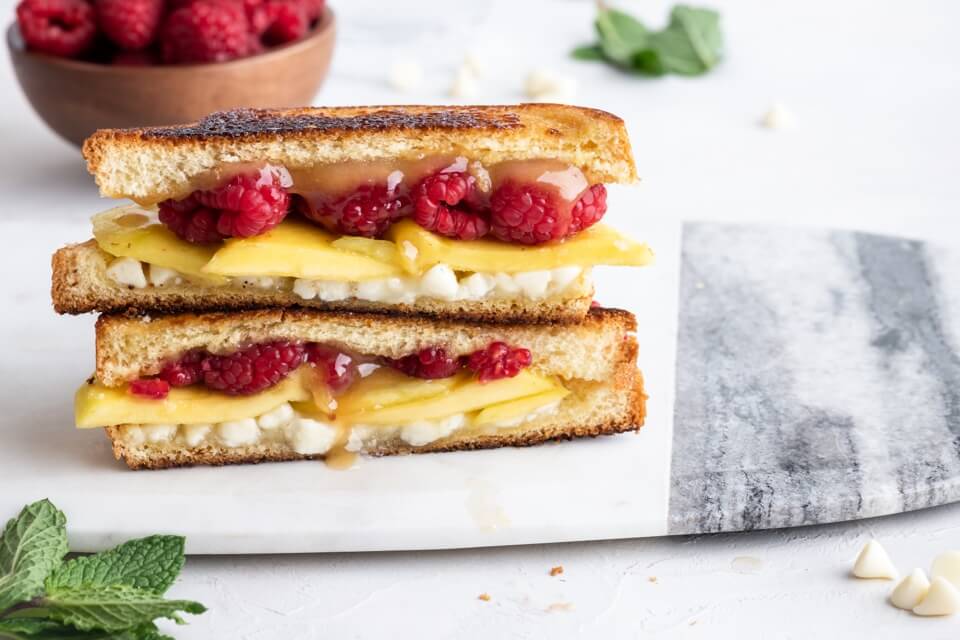 White Chocolate Caramel Grilled Cheese with Raspberries and Mango